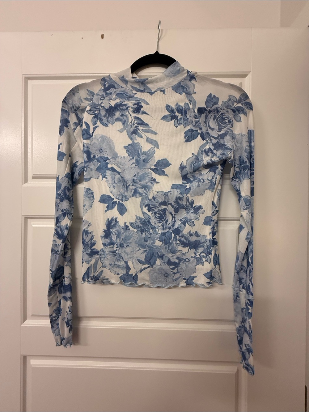 Promesa White Long Sleeve Mock Neck Top with Blue Floral Print
